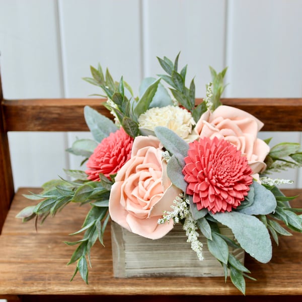 Coral and Pink, Sola Wood Flower Arrangement, Floral Arrangement Box, Mothers Day Flowers Gift, Flower Box Custom Centerpiece
