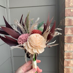 Burgundy, Sage, Copper, and Blush, Sola Wood Flower Bridal Bouquet Eucalyptus, Boho Bridal Bouquet Burgundy, Fall Wedding Flowers Bouquet 8" Mini Bridesmaids