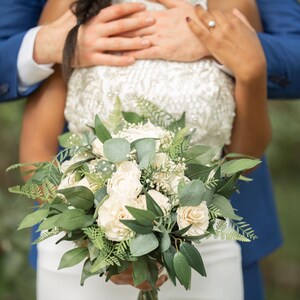 White Rose Bridal Bouquet, Greenery Wedding Bouquet, Wedding Flowers Bouquet Set, Bridesmaids Bouquet White, Wood Flower Bouquet Wedding
