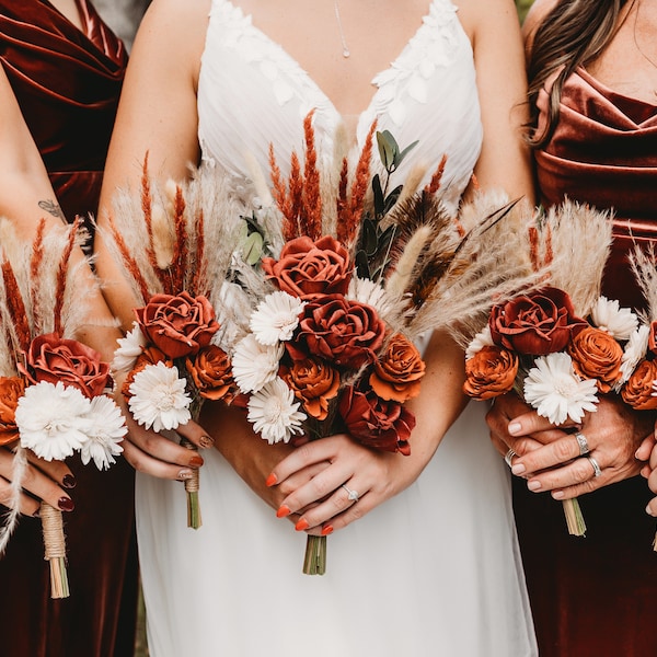 Boho Bridal Bouquet, Red, Orange, Copper, Rust Bridal Bouquet, Boho Bouquet for Brides, Keepsake Bridal Bouquet, Bouquet Fake