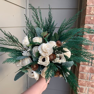 Winter Wedding Bouquet Wood, Sola Wood Flower Bouquet White, Pinecones and Roses, Green and White Wedding Bouquet, Bouquet with Pine Cones image 4