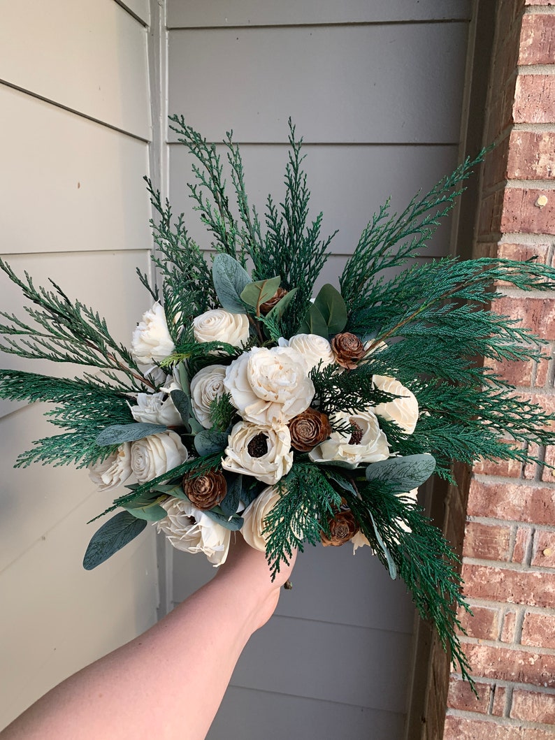 Winter Wedding Bouquet Wood, Sola Wood Flower Bouquet White, Pinecones and Roses, Green and White Wedding Bouquet, Bouquet with Pine Cones image 4