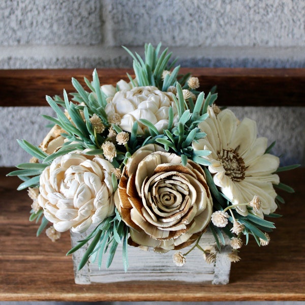 Ivory, Sage Green, and Gray Wooden Flowers Arrangement, Fake Flowers in Vase, Sola Wood Flower Centerpiece, Flower Bouquet Gift