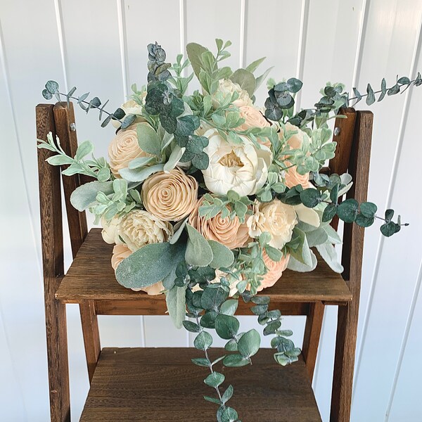 Wooden Flower Bouquet Wedding, Copper/Peach/Blush and Ivory, Boho Wedding Flower Bouquet, Eucalyptus Wedding Flowers, Sola Wood Flowers