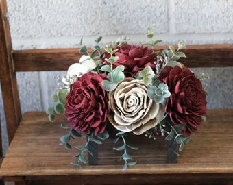 Burgundy and Natural Bark Flowers, Sola Wood Flower Arrangement, Floral Arrangement Box, Home Decor Flower Box, Hostess Gift Flowers