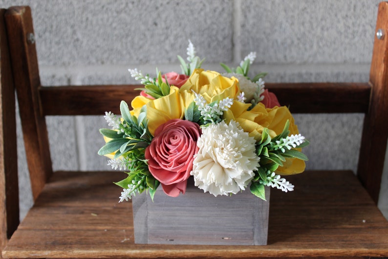 Pink and Yellow Sola Wood Flower Arrangement, Floral Arrangement Box, Mothers Day Flowers Gift, Flower Box Custom Centerpiece, Friend Gift image 5