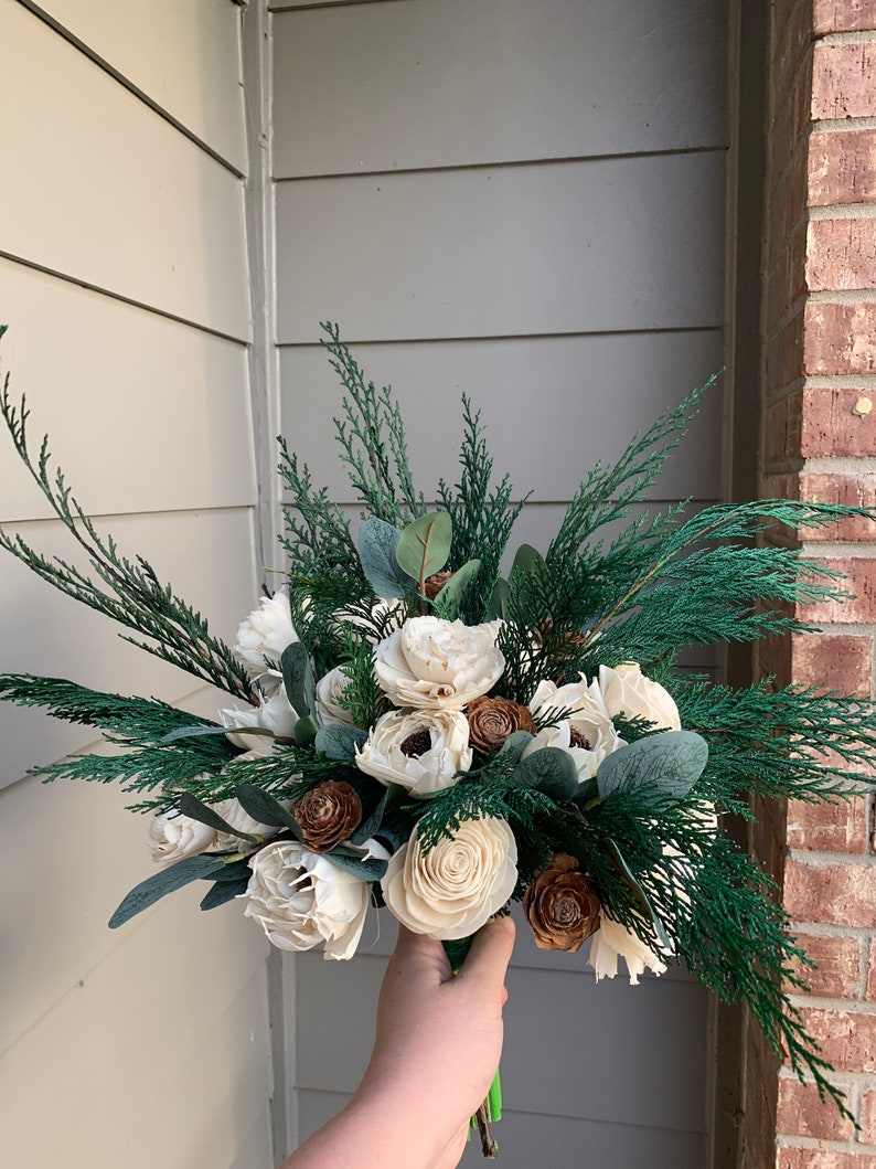 Winter Wedding Bouquet Wood, Sola Wood Flower Bouquet White, Pinecones and Roses, Green and White Wedding Bouquet, Bouquet with Pine Cones image 6