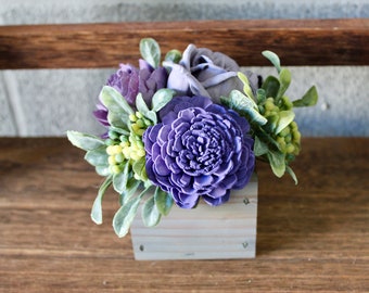 Purple and Lavender Flowers, Mini Wooden Box Floral Arrangement, Teacher Appreciation Flowers, Faux Flower Arrangement in Box, In Memory Of