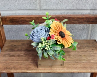 Sunflower and Blues Sola Wood Flower Arrangement, Sympathy Flowers, Birthday, Mothers Day Flowers, Flower Box Centerpiece, Teacher Gift