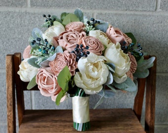 Blush Pink Sola Wood Flower Bouquet for Wedding, Wooden Flower Bouquet, Pink and White Bouquet, Bridesmaid Bouquet Set, Faux Bridal Flowers