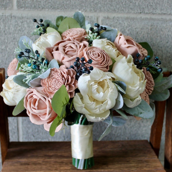 Blush Pink Sola Wood Flower Bouquet for Wedding, Wooden Flower Bouquet, Pink and White Bouquet, Bridesmaid Bouquet Set, Faux Bridal Flowers