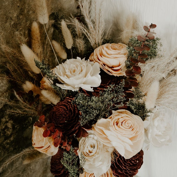 Boho Bridal Bouquet, Dark Burgundy, Olive, Copper, Pampas Grass Bouquet Wedding, Keepsake Bridal Bouquet, Burgundy Flower Bouquet