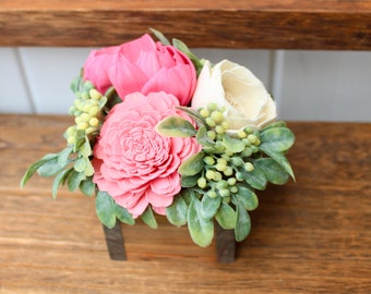 Pink Flowers, Wooden Box Floral Arrangement, Sorry For Your Loss Gift for Family, Faux Flower Arrangement in Box, Mothers Day Gift