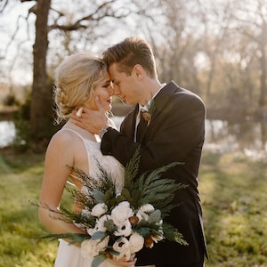 Winter Wedding Bouquet Wood, Sola Wood Flower Bouquet White, Pinecones and Roses, Green and White Wedding Bouquet, Bouquet with Pine Cones image 1