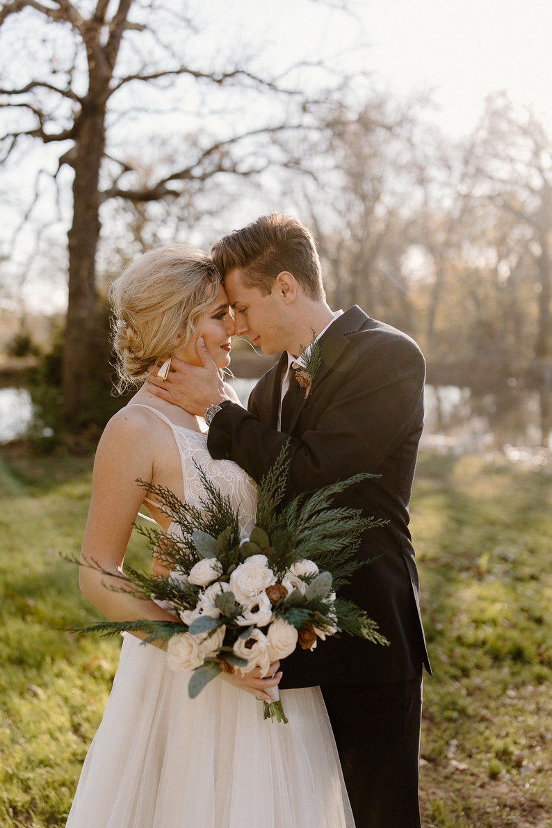 Winter Wedding Bouquet Wood, Sola Wood Flower Bouquet White, Pinecones and Roses, Green and White Wedding Bouquet, Bouquet with Pine Cones image 1