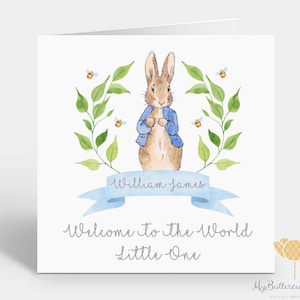 Personalisierte Peter Rabbit Baby Karte ~ Willkommen in der Welt Karte ~ Baby Jungen Karte ~ Neuankömmling Karte ~ Karte für Neugeborene ~ Peter Rabbit