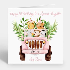 Personalisierte Safari 1st Birthday Karte ~ Safari Birthday ~ 1st Birthday Karte ~ Karte für Tochter, Enkelin, Nichte ~ Pink Safari