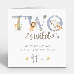 Personalised Safari Birthday Card ~ Card for Son, Daughter, Grandson ~ Birthday Card ~ 2nd Birthday Card ~ Safari Theme - Two Wild Card