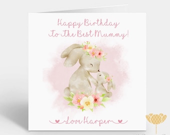 Personalised Mummy Birthday Card: Bunny & Flowers