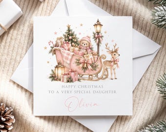 Personalised Christmas Card - Christmas Card for Daughter, Niece, Granddaughter - Festive Card for Kids - 2026 Card - Reindeer, Sleigh, Pink