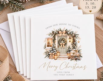 Personalised Christmas Cards Pack of 5, 10, 15 or 20 | From Our Home to Yours | Gold Family Christmas Cards, Family Christmas Cards