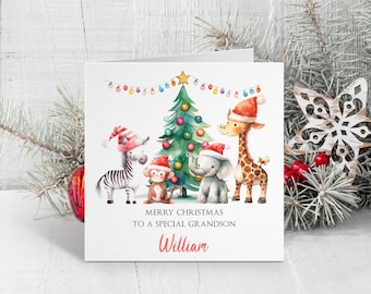 Personalised Safari Animals Christmas Card - Safari Christmas - Card for Son, Grandson, Nephew, Daughter - Festive Card for Kids