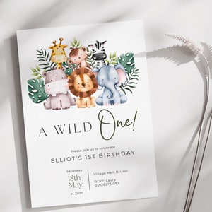 Gepersonaliseerde safari-uitnodigingen 1e verjaardag ~ Wild One-uitnodigingen ~ uitnodigingen voor 1e verjaardagsfeestje ~ Safari-uitnodigingen ~ Wild One