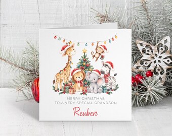 Personalised Safari Animals Christmas Card - Safari Christmas - Card for Son, Grandson, Nephew, Daughter - Festive Card for Kids