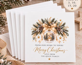 Personalised Christmas Cards Pack of 5, 10, 15 or 20 | From Our Home to Yours | Gold Family Christmas Cards, Family Christmas Cards