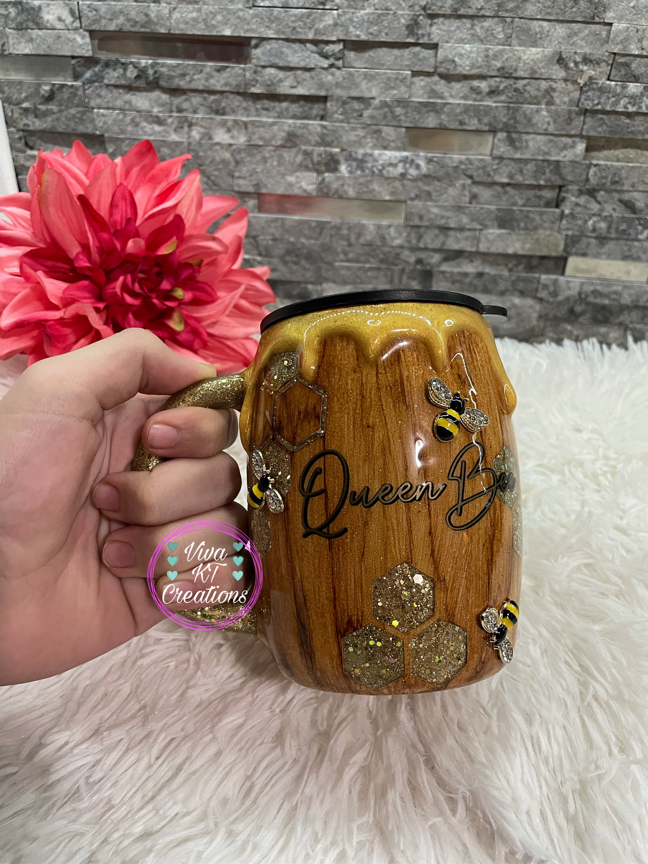 Queen Bee mug with lid glitter epoxy mug Coffee queen bee Etsy