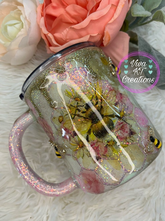 Honey Bee Mug With Lid Glitter Epoxy Mug Coffee Queen Bee Etsy