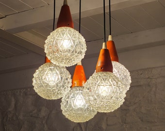 Italian Textured Glass Globes Chandelier | Hanging Ceiling Lamp | Midcentury Modern | 1960s