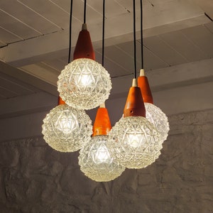 Italian Textured Glass Globes Chandelier | Hanging Ceiling Lamp | Midcentury Modern | 1960s
