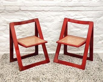 Trieste Folding Caned Seat Chair in Red Lacquer by Aldo Jacober for Alberto Bazzani | Italian Vintage Design | 1960s