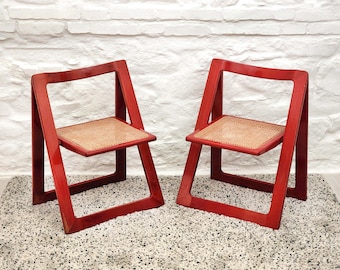 Trieste Folding Caned Seat Chair in Red Lacquer by Aldo Jacober for Alberto Bazzani | Italian Vintage Design | 1960s