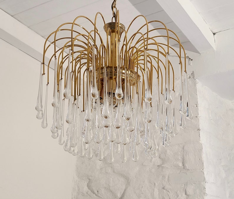 Murano Glass Teardrop Chandelier Italian Mid Century Modern Denmark Murano Glass Teardrop Chandelier, Brass Glass Teardrop Chandelier