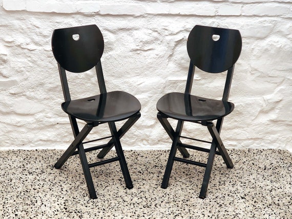 Wooden Folding Chairs in Black Postmodern Italian Design 1980s Set 