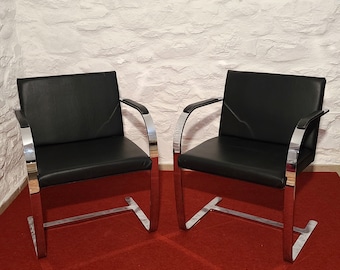 Brno Flat Bar Chair in Black Leather by Mies van der Rohe for Alivar | Bauhaus | Set of 2