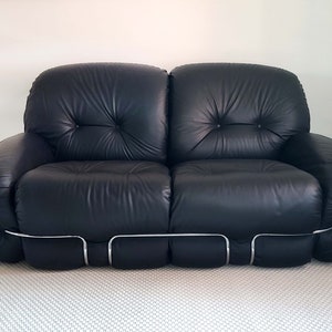 OKAY Black Leather Loveseat Sofa Couch Chair by Adriano Piazzesi | Italian Space Age | 1970s