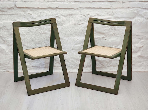 Folding Caned Seat Chair in Green Lacquer in the Style of