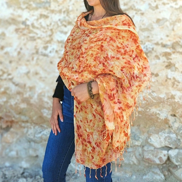 Natural plant dyed scarf women in orange and red, boho shawl lightweight in wool and silk, long shawl wrap dyed eco friendly gift