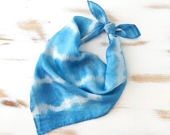 Blue shibori bandana, silk bandana indigo dyed, shibori neck scarf, natural dye indigo square scarf, neckerchief silk blue shibori dyed