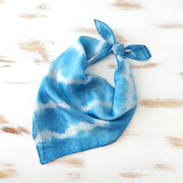 Blue shibori bandana, silk bandana indigo dyed, shibori neck scarf, natural dye indigo square scarf, neckerchief silk blue shibori dyed