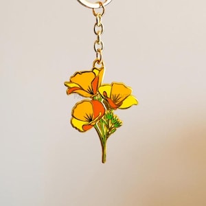 California Poppy Keychain, Poppy Keychain, Hard Enamel Gold Keychain - 2&quot;