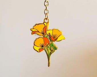 California Poppy Keychain, Poppy Keychain, Hard Enamel Gold Keychain - 2"