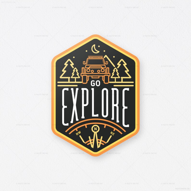 May include: A yellow and black hexagonal sticker with a compass, a jeep, and trees. The text "GO EXPLORE" is in white letters.