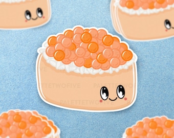 May include: A cartoon illustration of a sushi roll with a smiling face. The sushi is topped with orange fish eggs and has a white rice filling.