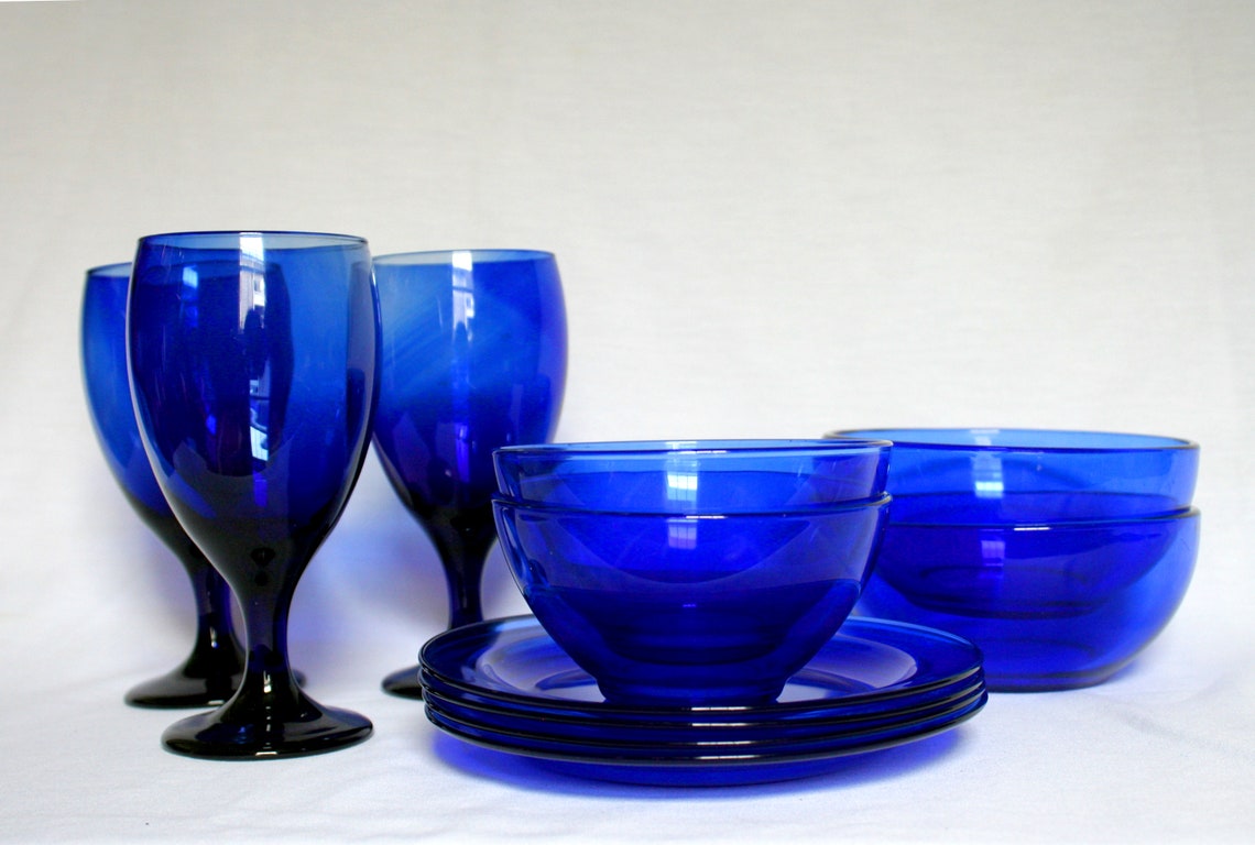 11 Pc Vintage Cobalt Blue Glass Dish Set Plates Bowls Etsy