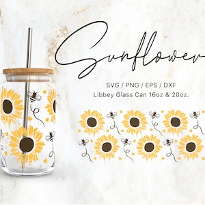 Verre Libbey 16 oz | Fichiers Svg tournesol et abeilles 20 oz pour camée Cricut & Silhouette, Svg été, Svg fleur, Svg floral, fleur soleil Png