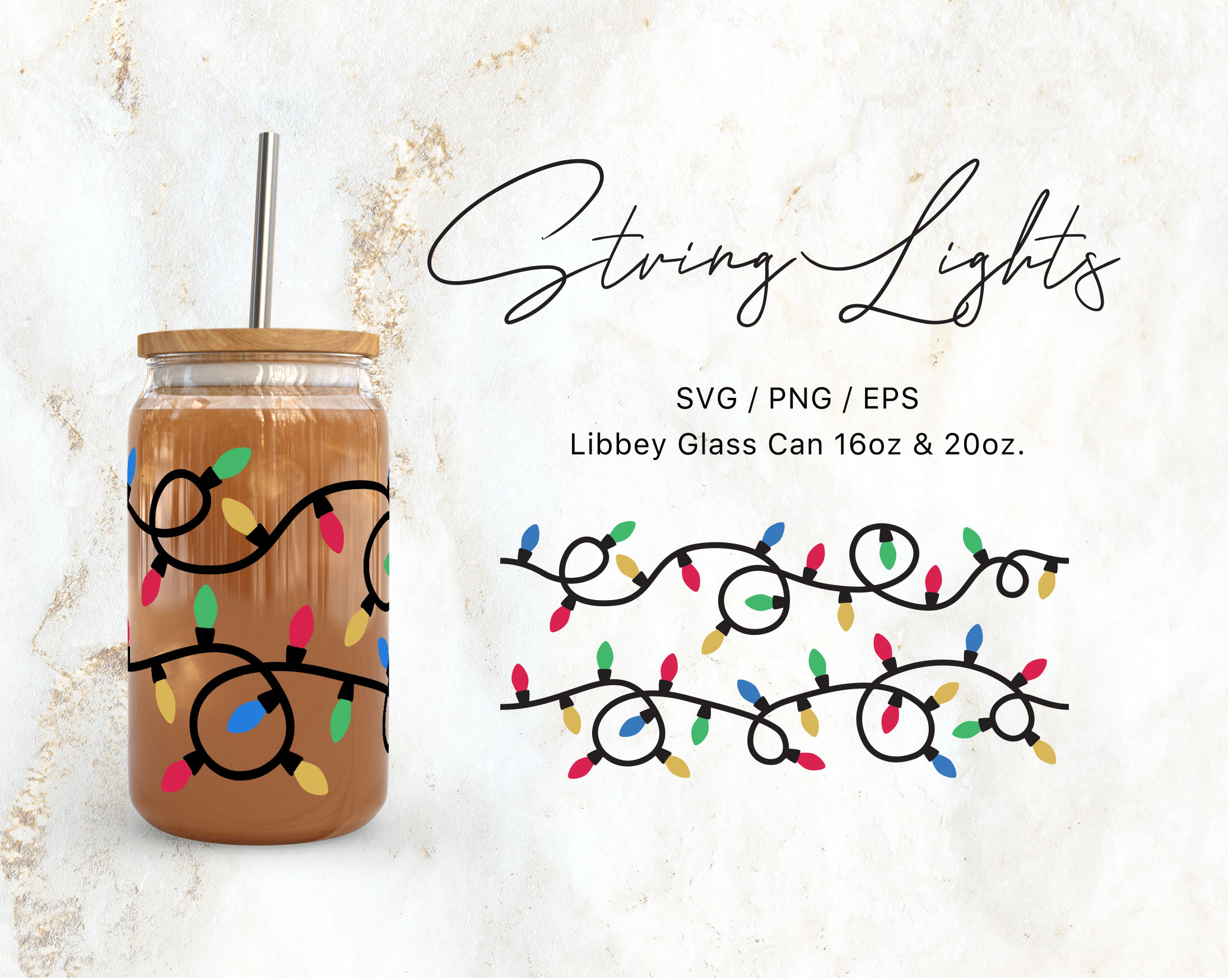 Libbey Glass 16oz | 20oz Festive Lights Seamless Svg Files for Cricut & Silhouette Cameo, Clipart Svg, Glassware Svg, Christmas Svg, Xmas